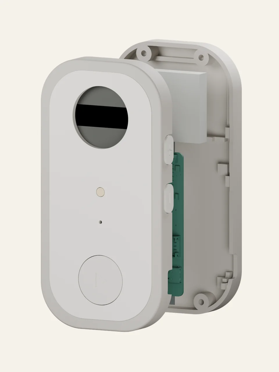 Exploded S1 CAD showing the flat PCB, battery and rear cover