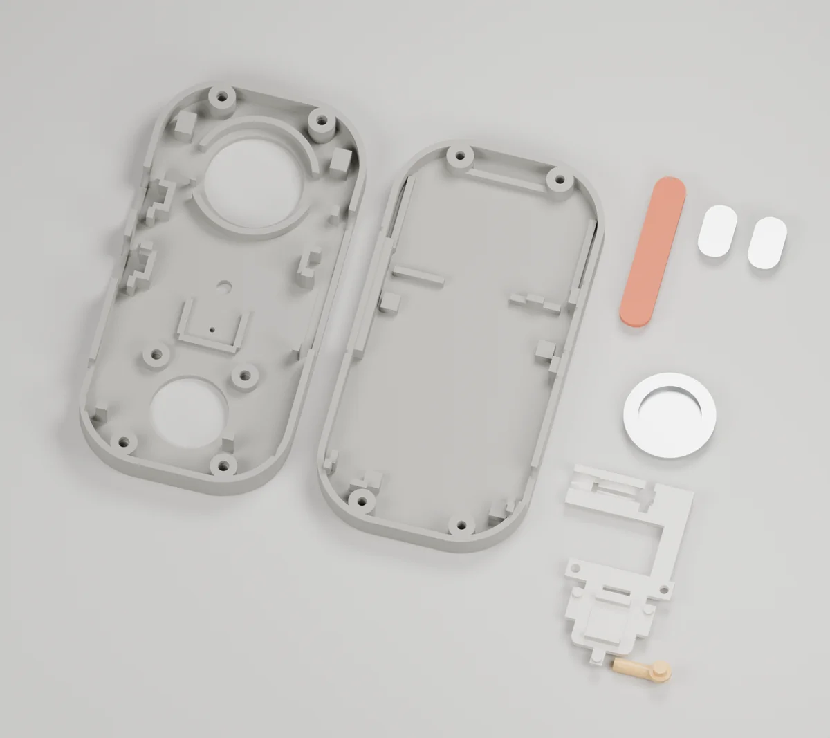 The eight S1 prints: front shell, rear cover, talk, volume up, volume down, play, control bridge and light guide